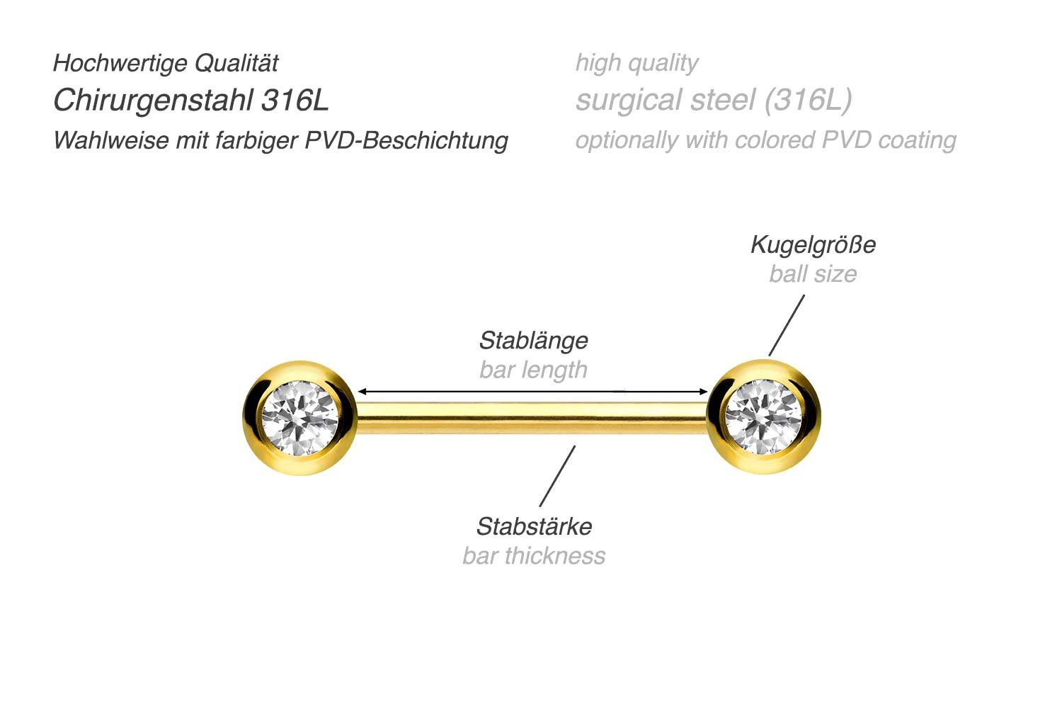 PIERCINGLINE Brustwarzenpiercing Chirurgenstahl Barbell SEITLICHE KRISTALLE (Barbells, 1-tlg)