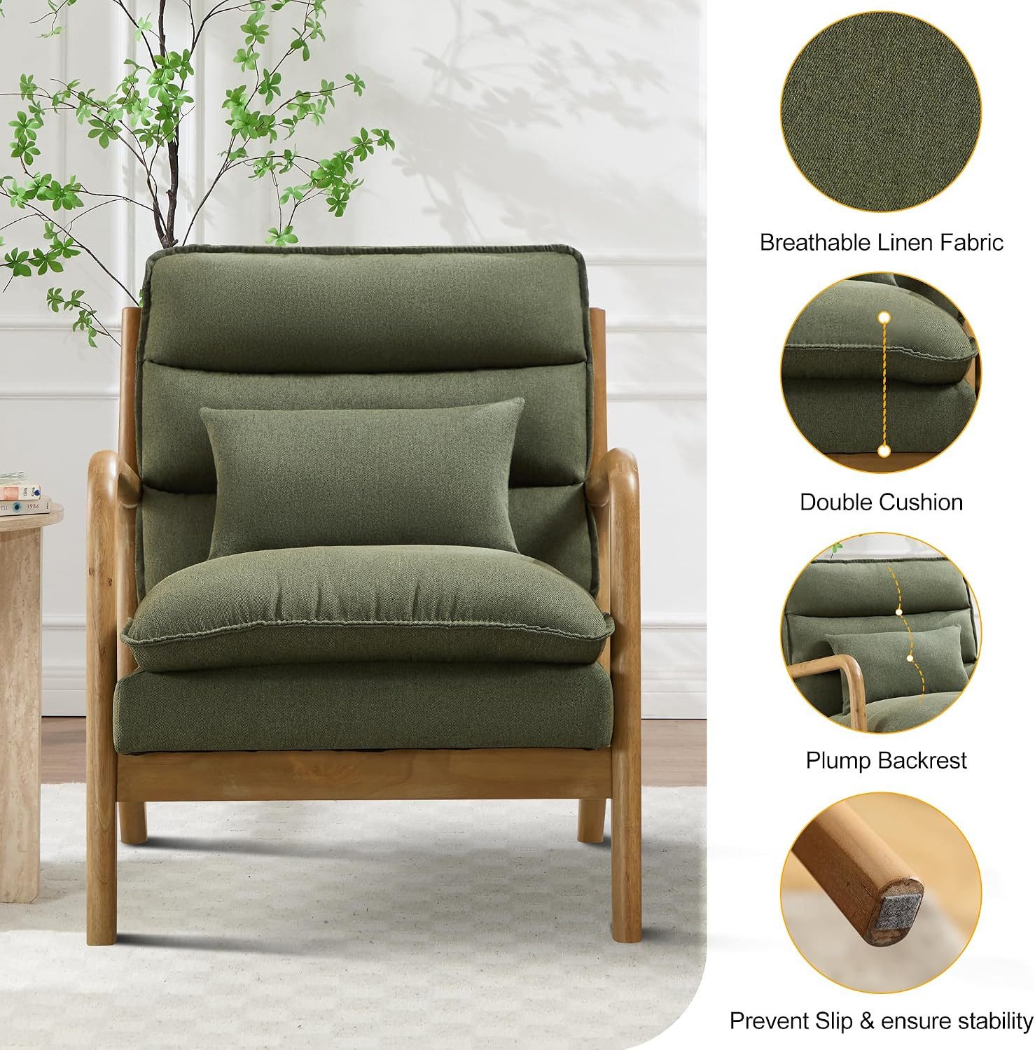 CANMOV Relaxsessel Sessel mit Kissen, Loungesessel mit hoher Rückenlehne, Einzelsessel (1-St), Natürliches Holz, Liegestuhl mit Armlehne und Kissen, für Wohnzim – Bild 3 von 5