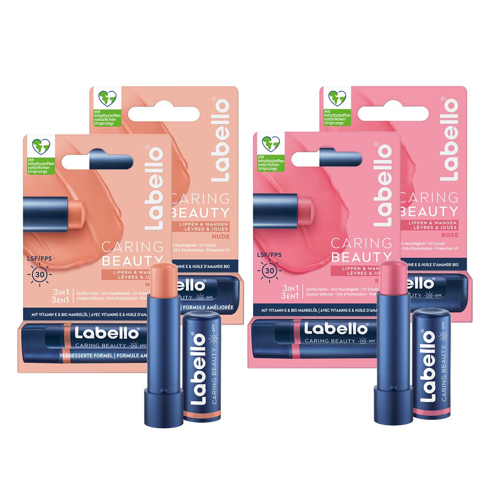Labello Lippenpflegestift Lippenpflege Set CARING BEAUTY 2x NUDE + 2x ROSE, 4-tlg.