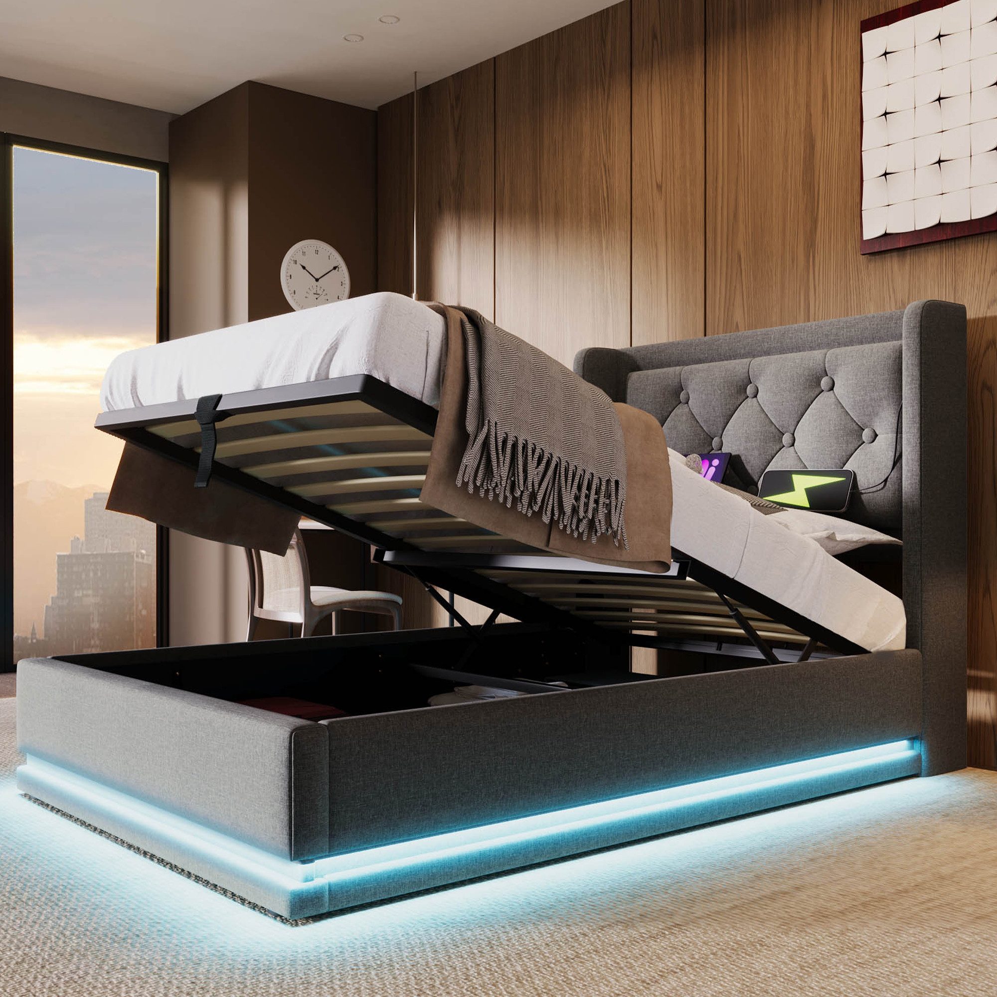 Flieks Polsterbett, LED Hydraulisches Stauraumbett Einzelbett 90x200cm mit günstig online kaufen