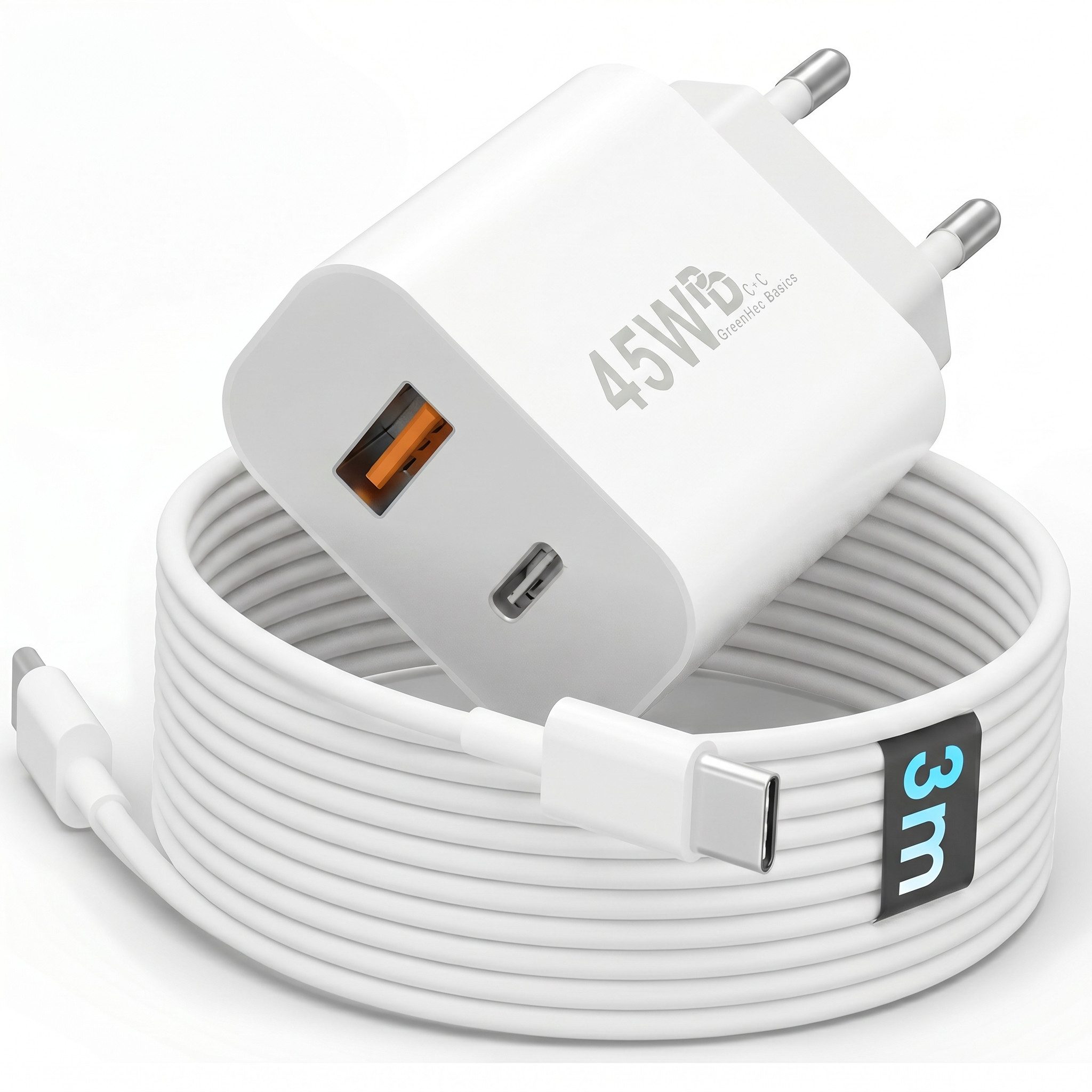 GreenHec 45w Schnellladegerät USB C Charger für Samsung S25 S24 S23 iPhone Schnelllade-Gerät (Spar-Set, 45w USB-C + USB-A Dual Charger + 3m Kabel, Netzteil Stecker Adapter Tablet Handy Google Dual Doppel Ladegerät)