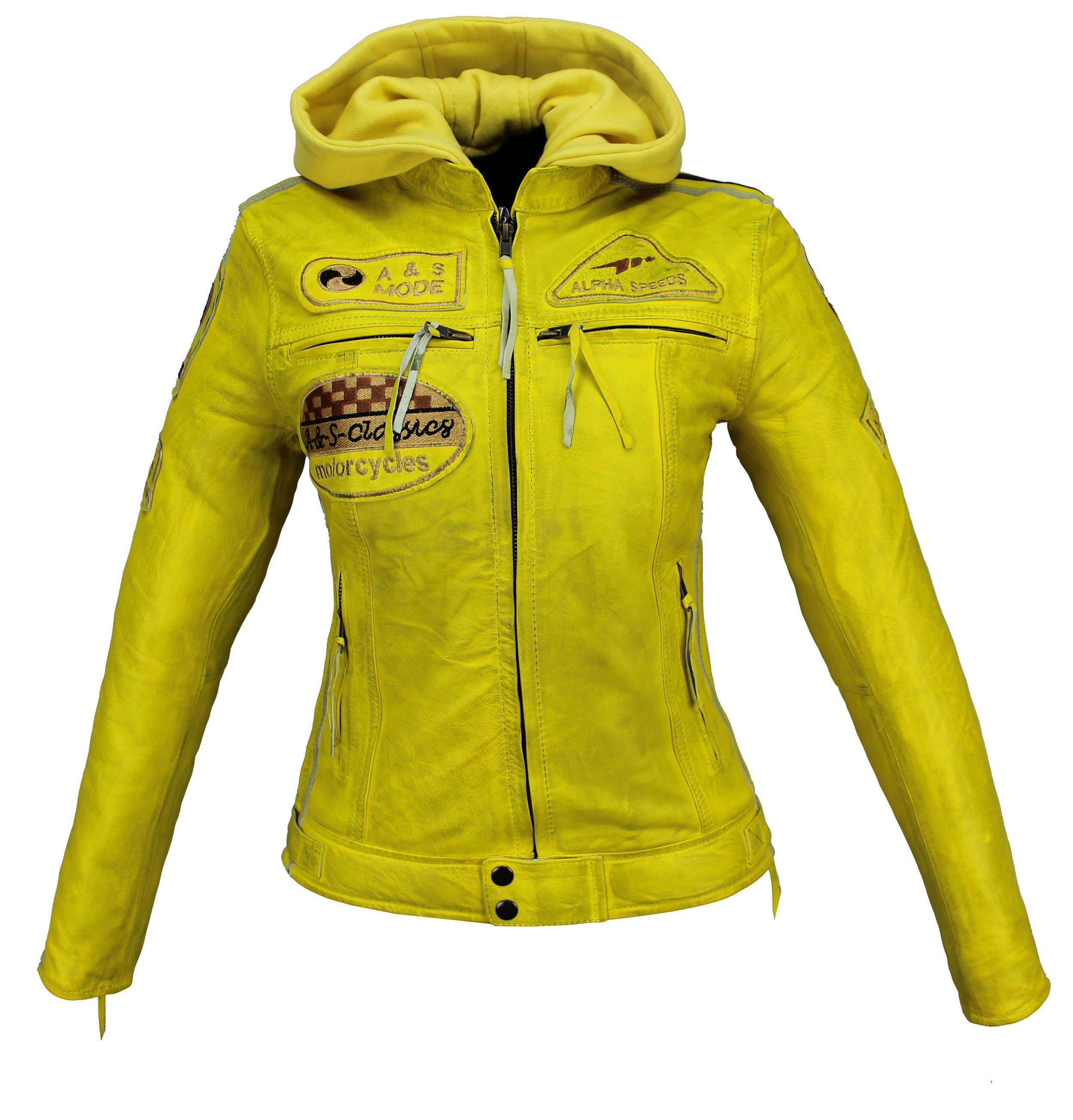 Alpha Speeds Bikerjacke - /Freizeit Damen Highway 11 Lederjacke Gelb 2-in-1 mit abnehmbarer Kapuze, inklusive einsetzbarer Protektoren