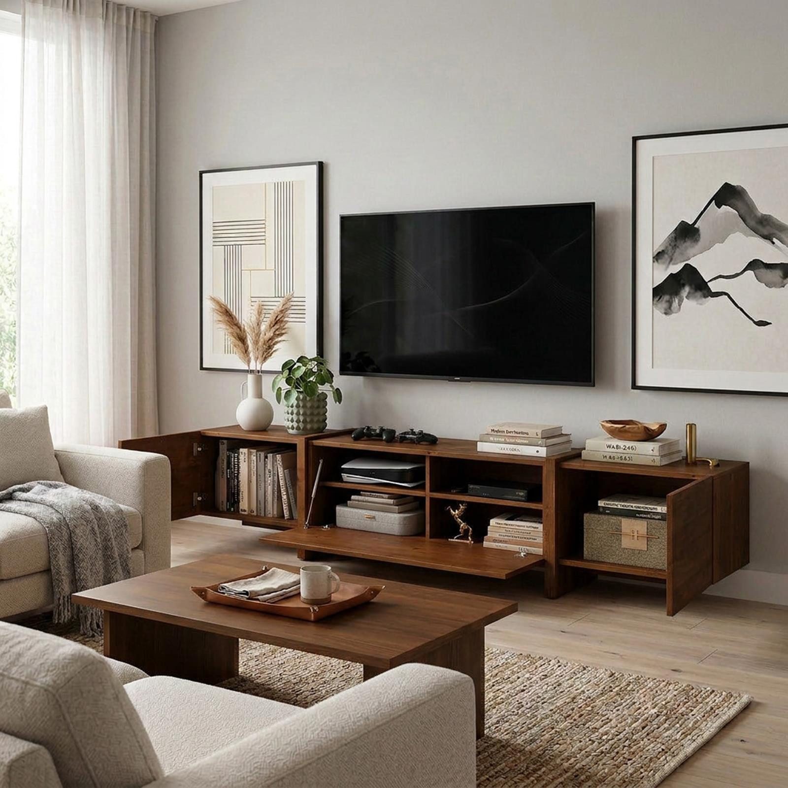 IDIMEX Lowboard LEILA, TV Lowboard 220 cm aus Massivholz mit viel Stauraum Kastanie Finish