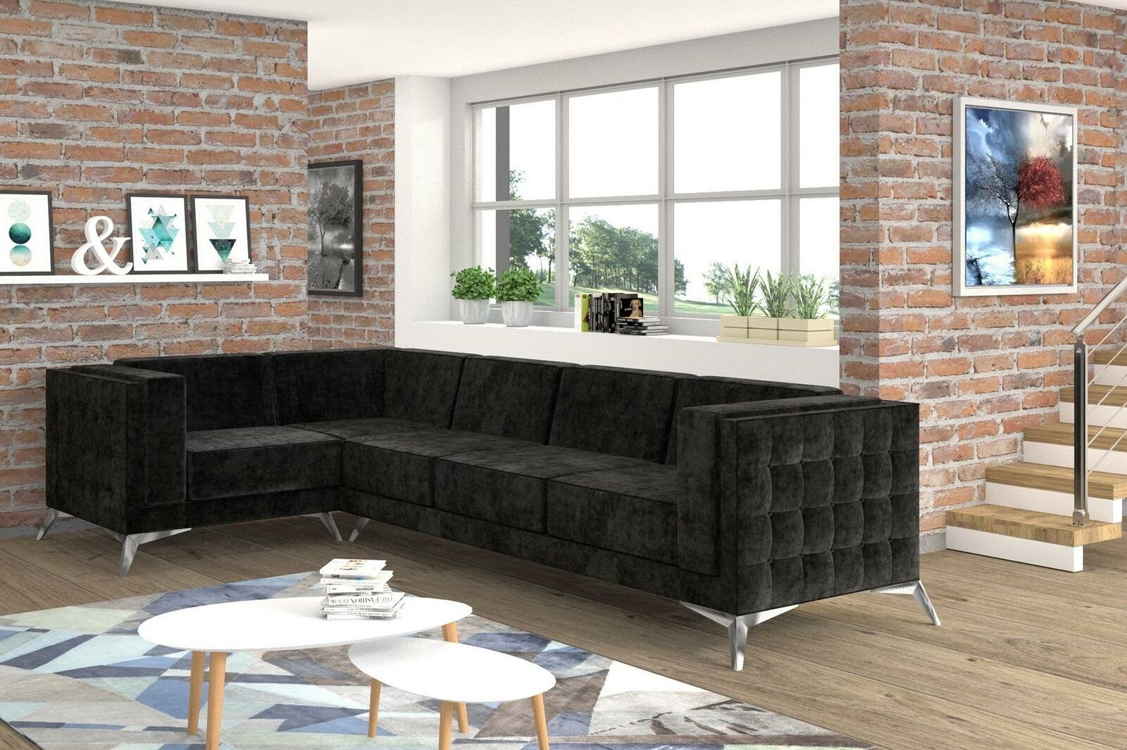 JVmoebel Ecksofa Schwarzes Couch L-Form Chesterfield Ecksofa Stoff Sitz, Polster in Made Europe Design