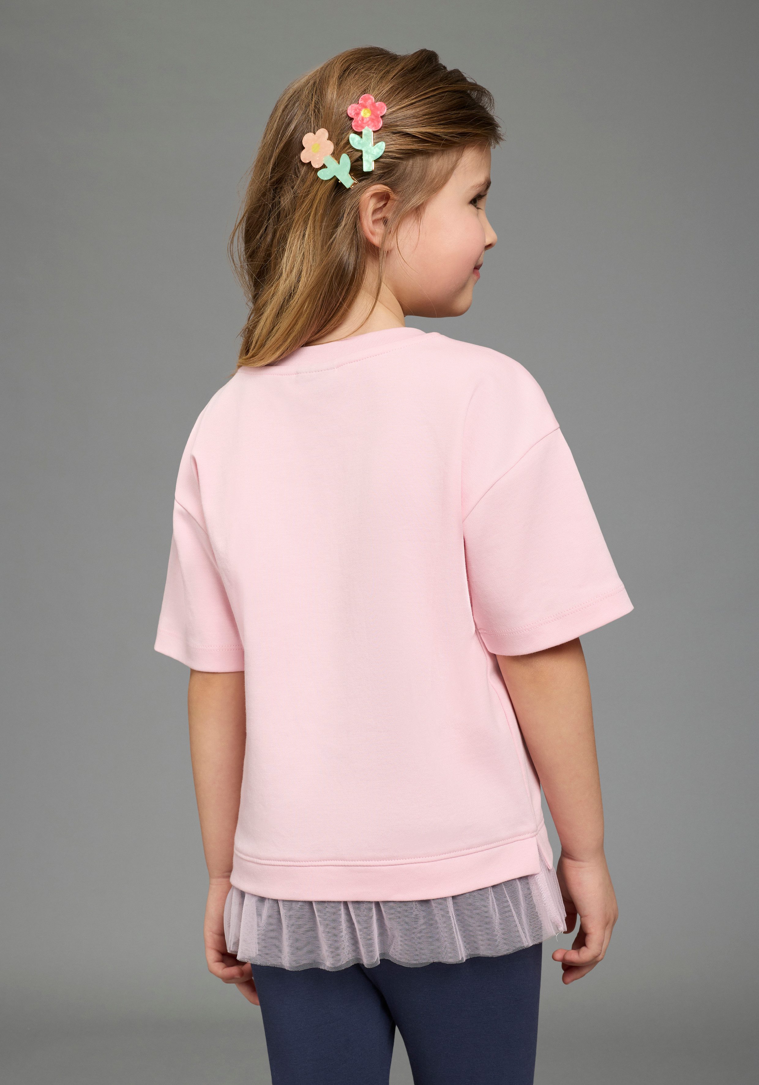 KIDSWORLD T-Shirt mit Glitzerprint und Tüll-Saum: I love my little tutu Basic Passform, Kurzarm, mit Volant aus Polyester