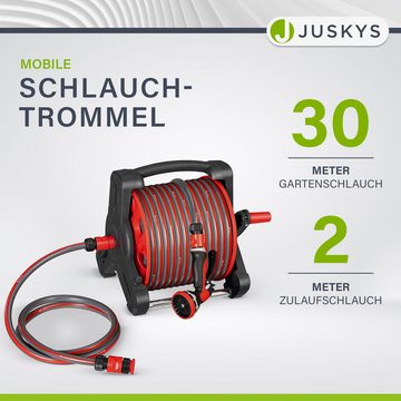 Juskys Schlauchtrommel Basic, 30 m, Multifunktionsbrause, 10 Funktionen, diverse Adapter