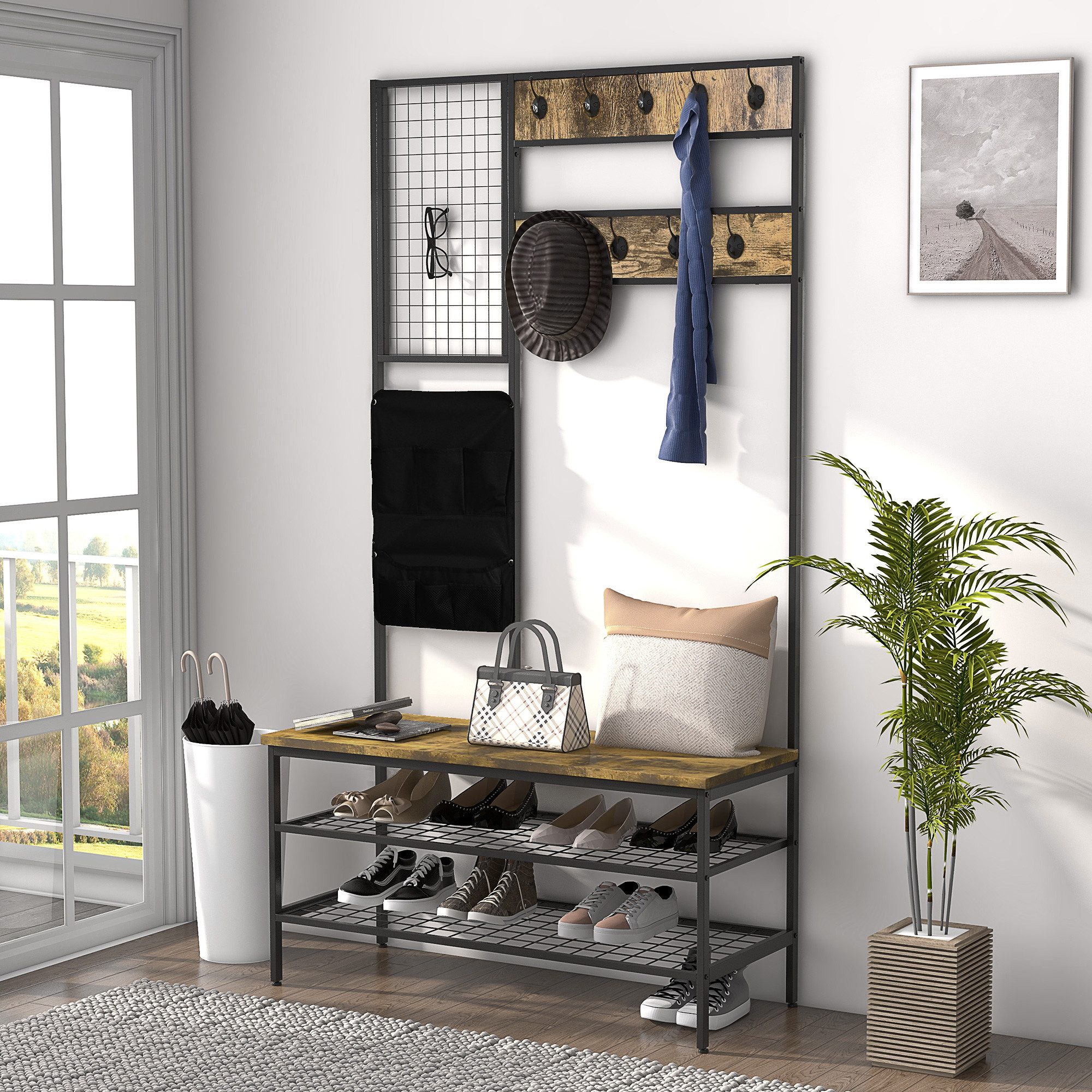 HOMCOM Garderobenständer Kleiderständer mit Haken und Sitzbank, Schuhregal mit Tragetasche, (Jackenständer, 1 St., Garderobe), Stahl, Rustikal-Braun 100 x 40 x 185 cm