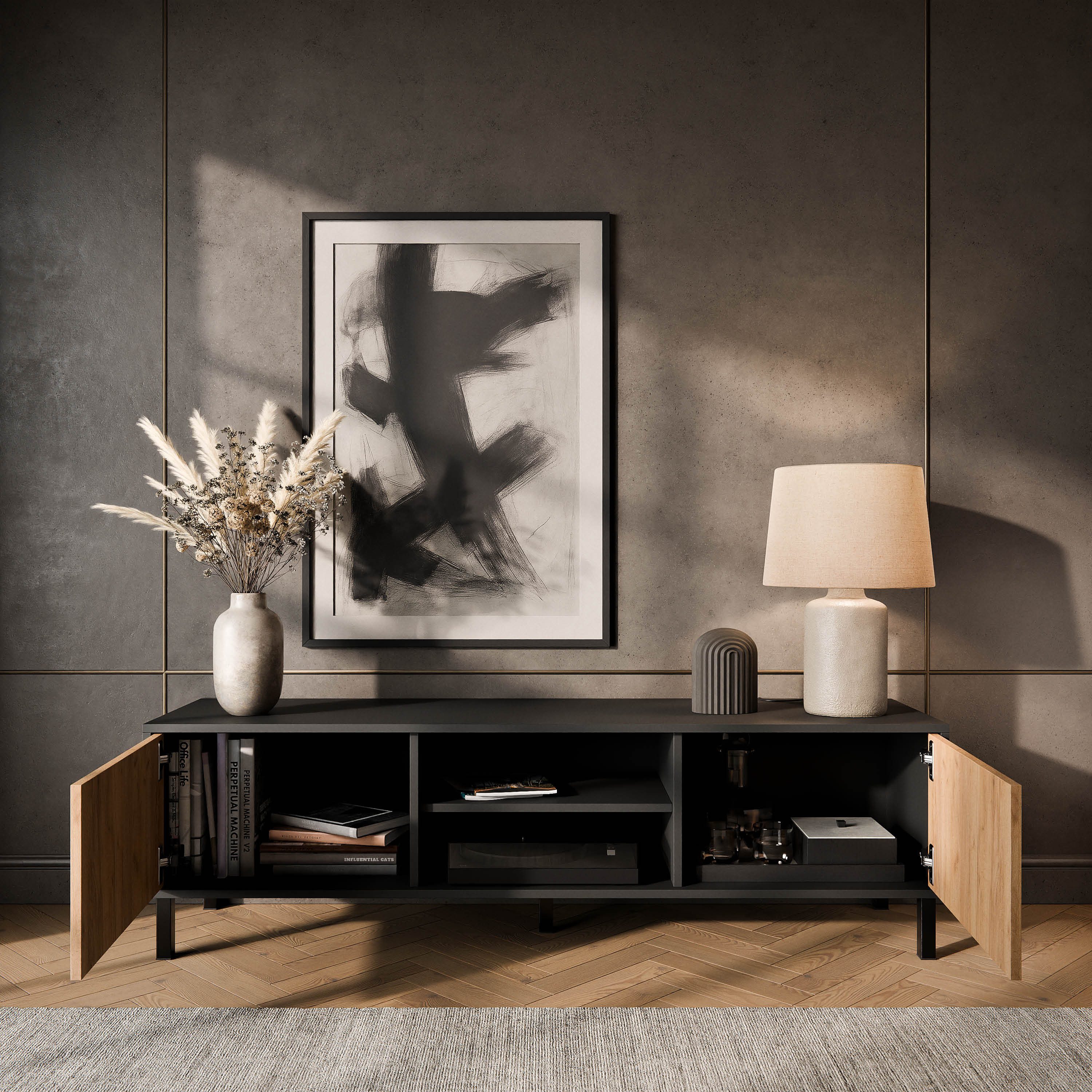 Planetmöbel TV-Schrank Liora TV Board, Lowboard 150 cm lang, TV Kommode (für Fernseher bis 65 Zoll, 1-St., Fernsehtisch für Wohnzimmer, viel Stauraum) Fernsehschrank mit zwei offenen Fächern
