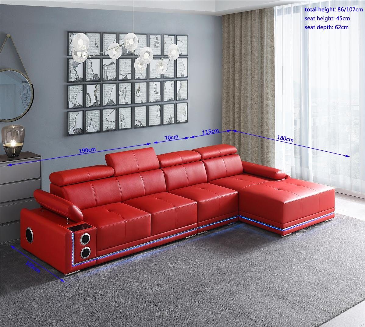 Beleuchtete Europe Couch in Rot Ecksofa Led L Made Boxen, Leder JVmoebel Sound Form Ecksofa