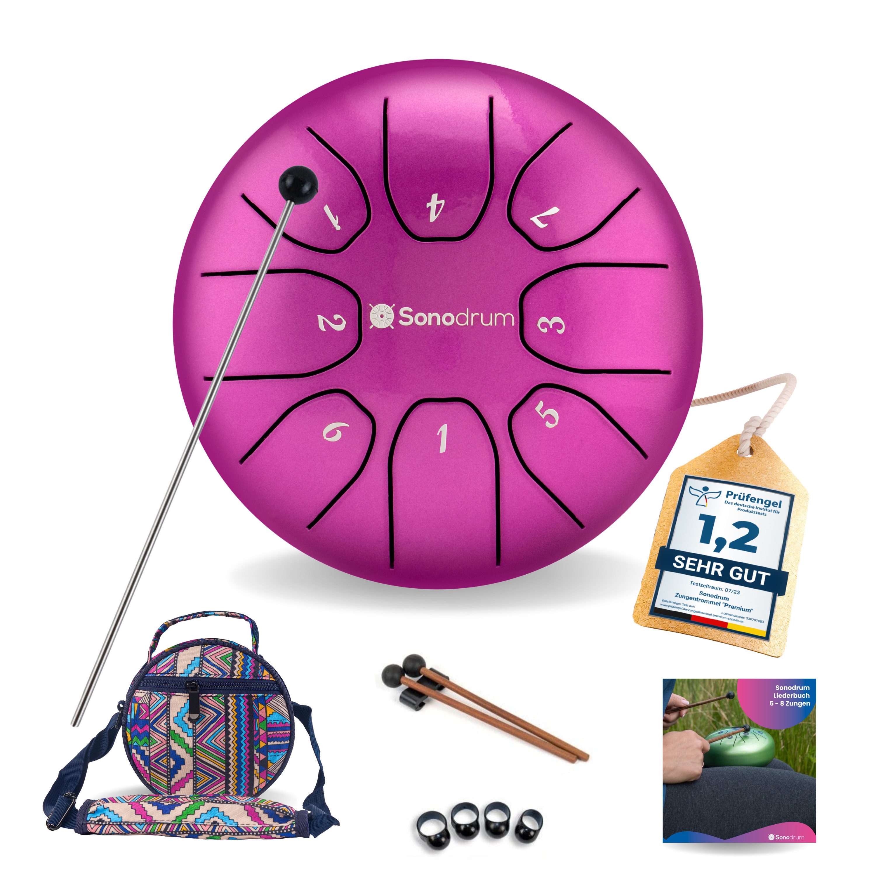 Sonodrum Steel Tongue Drum "Standard", C-Dur, 14 cm, 8 Zungen inkl. Liederbuch und Tragetasche
