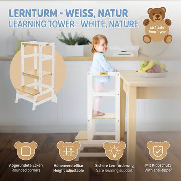 Joyz Kinderstuhl Montessori Lerntower für Kinder aus Holz Verwandelbar Kinderstuhl, Küchenhelfer Weiß/Natur mit Schutzstab und 2 Stufen 54x44x90cm
