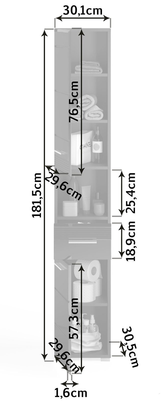 cm) 2-türig Vollauszug schwarz in Hochschrank mit Schublade, (Badschrank xonox.home 182 Hochglanz, 30 x Linus