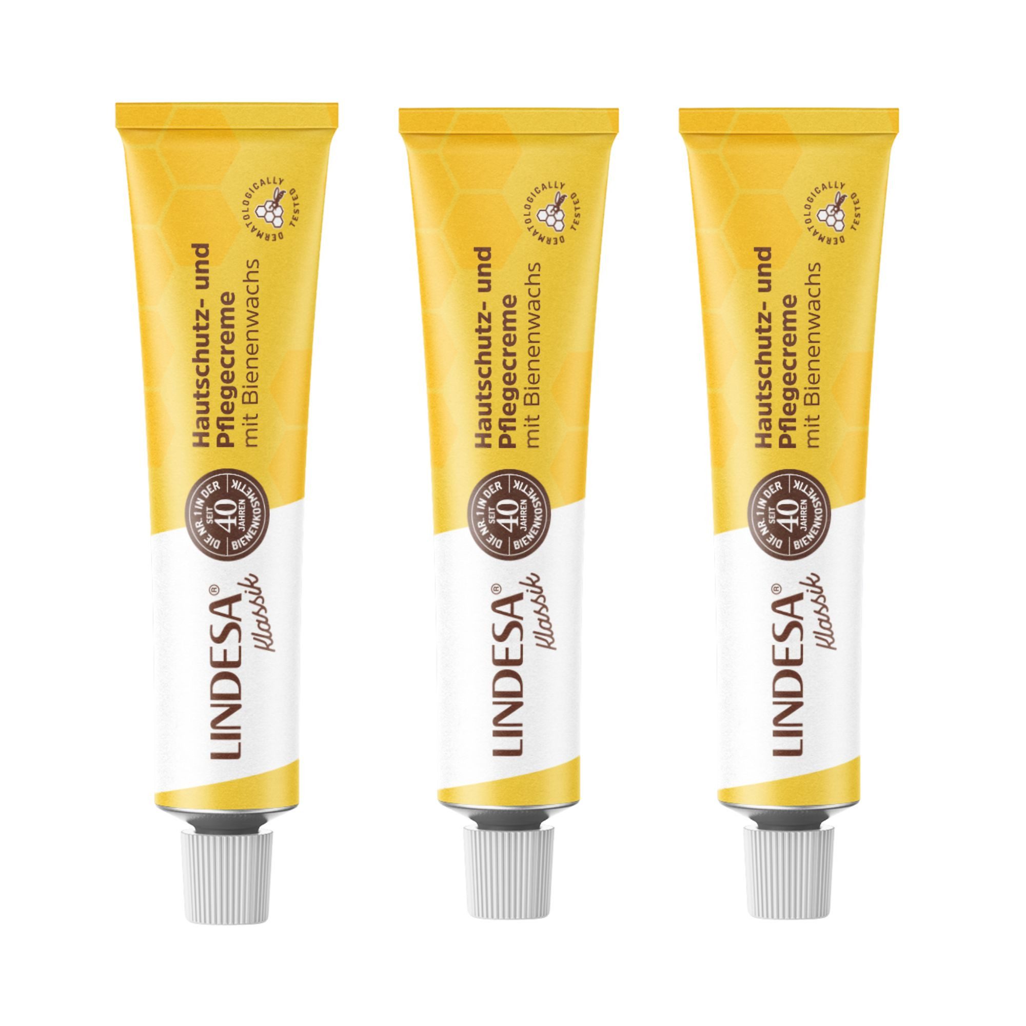 Lindesa Handcreme K Klassik Hautschutzpflegecreme mit Bienenwachs Handcreme 50 ml, 3-tlg., gelbe Alu-Tube