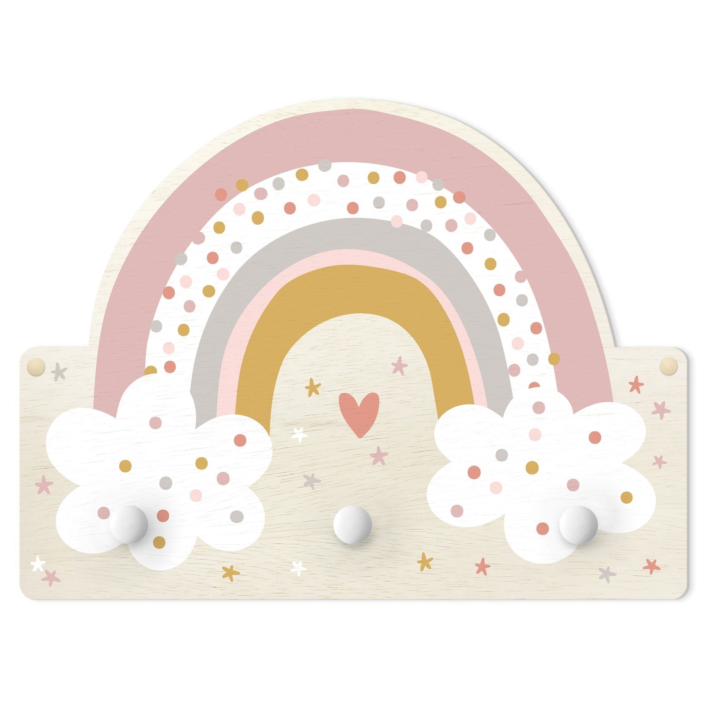 Bilderdepot24 Garderobenpaneel rosa Muster Weltall Himmel Sterne Regenbogen mit Wolken (Kindergarderobe holz Kleiderhaken für die Wand inkl. Montagematerial), moderne Wand Garderobenleiste Flur - kleine Hakenleiste Kinderzimmer