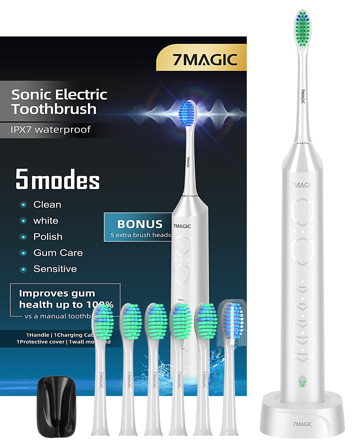 7MAGIC Elektrische Zahnbürste D36 Schallzahnbürste für Zahnpflege, mit 5 modi 3 Vibrationsstärken, Щетки: 6 St., Electric toothbrush für Erwachsene,Zähne reinigen wie ein Zahnarzt, Reise Зубные щетки mit 6 Зубные щеткиkopf, Timer