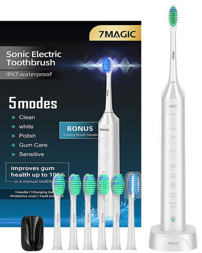 7MAGIC Elektrische Zahnbürste D36 Schallzahnbürste für Zahnpflege, mit 5 modi 3 Vibrationsstärken, Aufsteckbürsten: 6 St., Electric toothbrush für Erwachsene,Zähne reinigen wie ein Zahnarzt, Reise Zahnbürsten mit 6 Zahnbürstenkopf, Timer