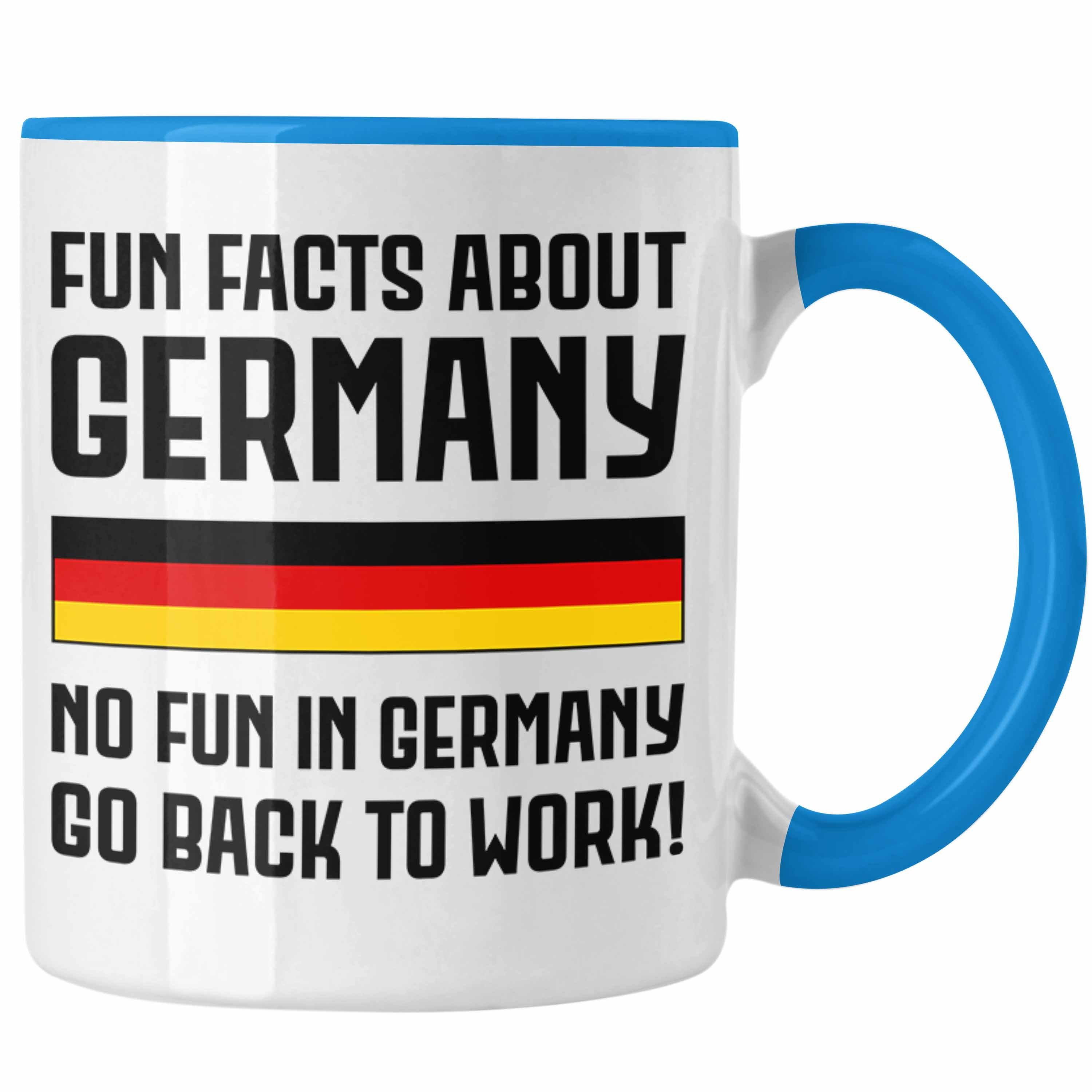 Trendation Tasse Trendation - Fun Facts About Germany Tasse Lustiger Spruch Bürotasse mit Spruch Geschenk Kollege Kollegin Blau