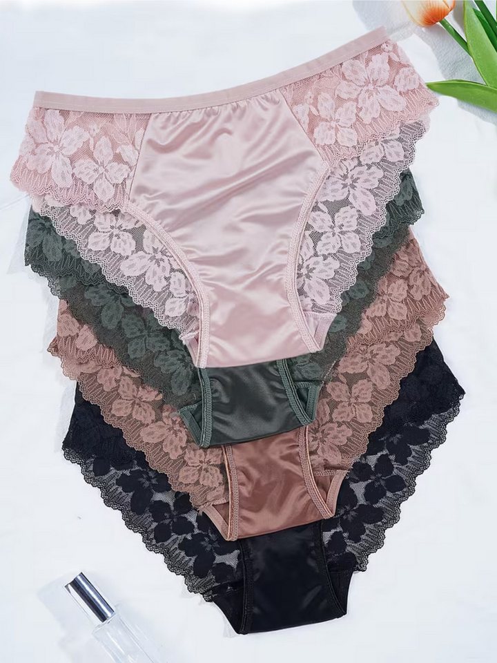 Elegant Love Bikinislip Hüftslip Damen mit floraler Spitze – feminine Lingerie Unterwäsche (Packung, 4-St., 4er-Pack) Panty in Satinoptik – Spitzenslip mit Mesh-Einsätzen für Alltag