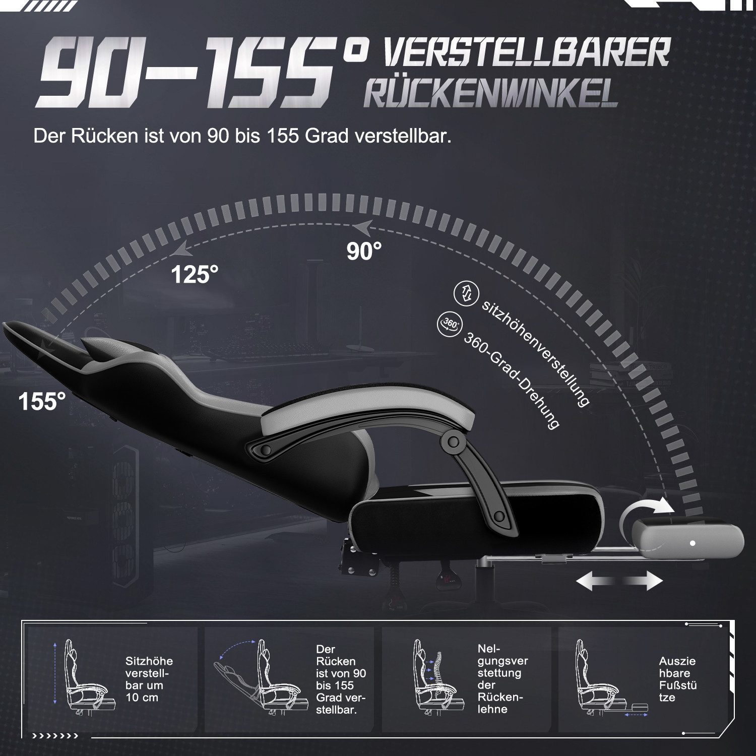 Adormii Gaming-Stuhl Gaming Stuhl ergonomisch Gaming Chair Bürostuhl verstellbare (Gaming Stuhl mit verstellbaren Lendenkissen, Armlehne und Kopfstütze, Gamer S – Bild 3 von 5