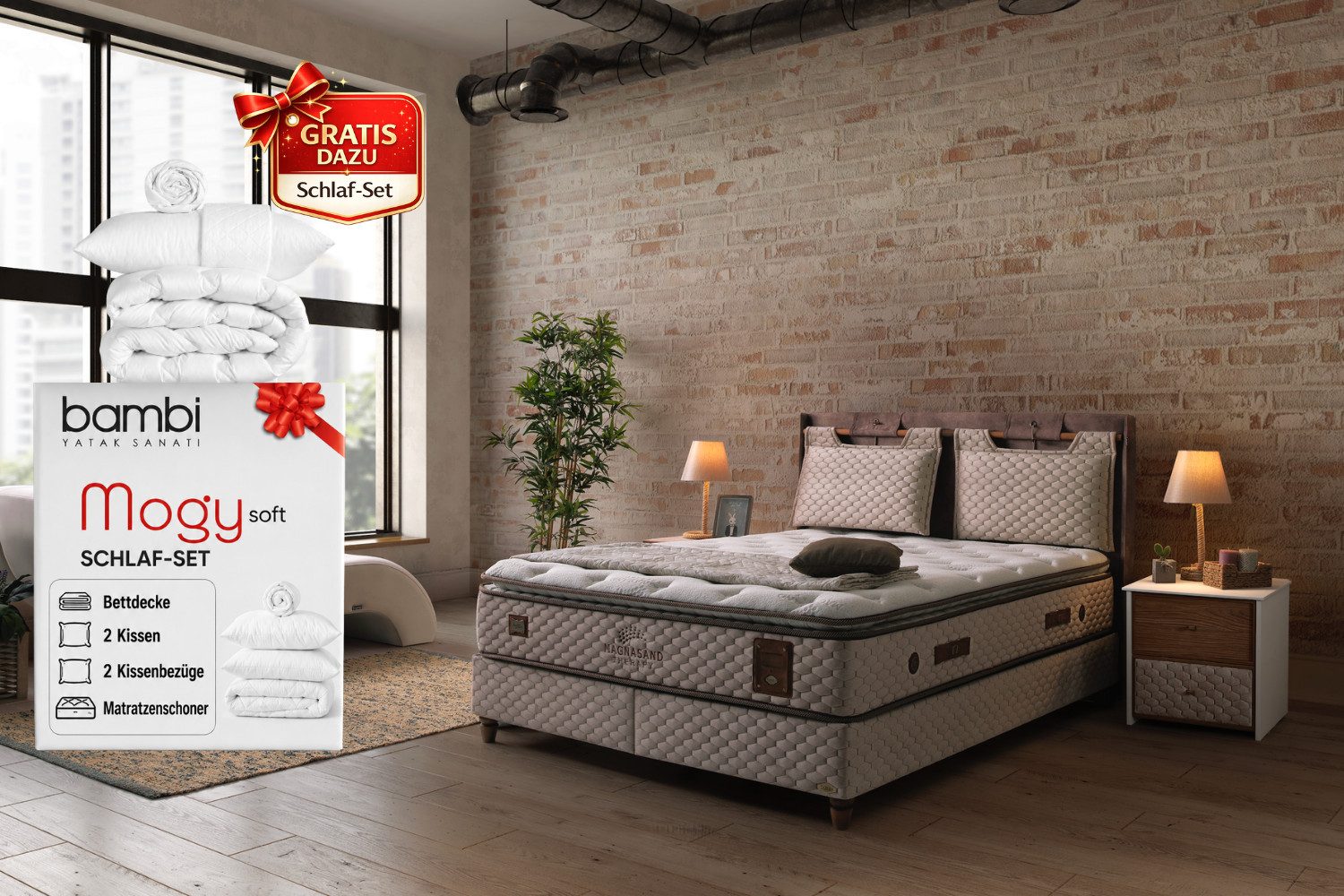 BAMBI YATAK Boxspringbett mit Bettkasten, Bambi Magnasand, Bett mit Matratze & Stauraum H3 (Schlafzimmerbett, Matratze mit Topper, 180x200 cm Boxbett, Polsterbett), Taschenfederkern, Matratzenhöhe: 33 cm, Optionale Nachttisch