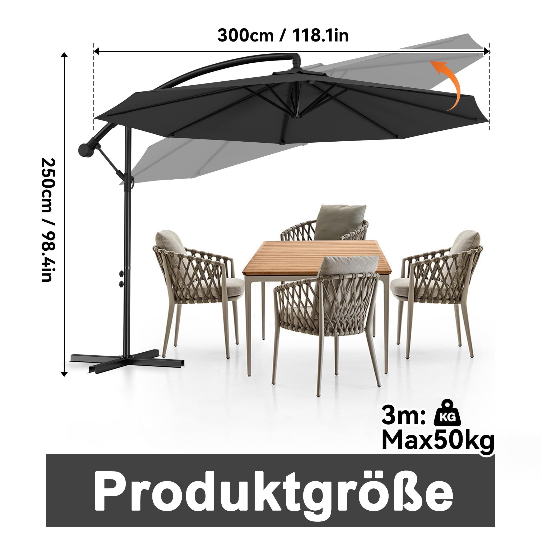 FIVMEN Sonnenschirm Freiarmschirm, Garten- und Terrassenschirm mit Kurbel, LxB: 250x300 cm, Ø300 cm – Bild 2 von 5