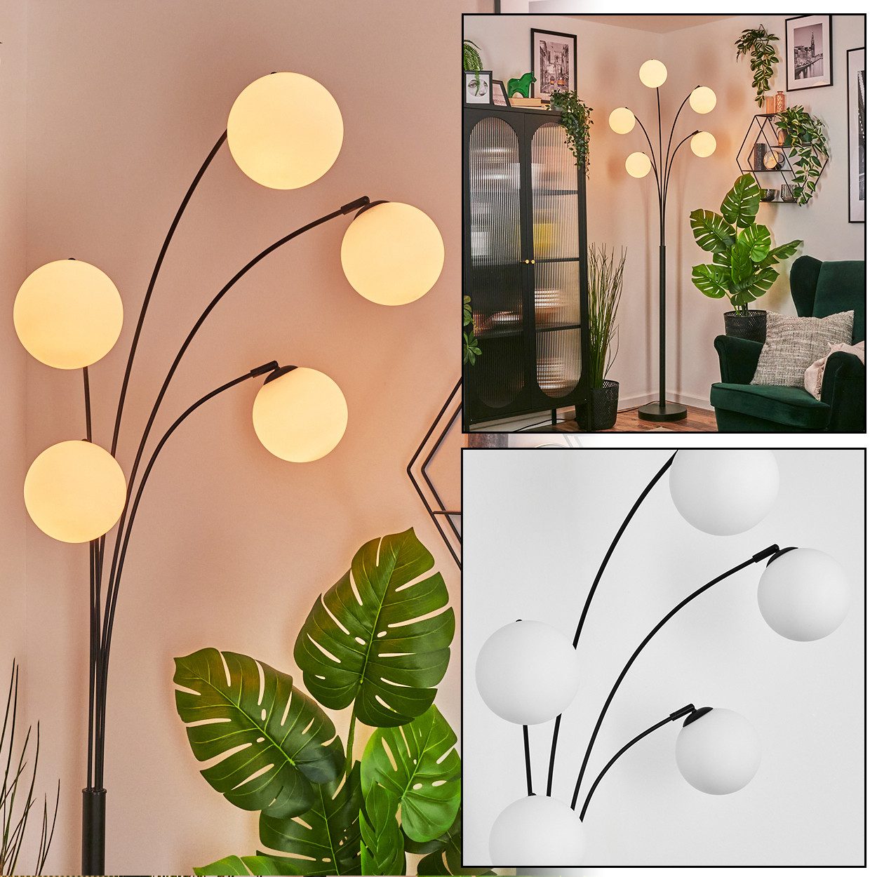 hofstein Pollerleuchte Stehlampe aus Metall/Milchglas in Schwarz/Weiß, verstellbare Stehleuchte im Vintage-Design, Fußschalter, 210 cm, 3xE14