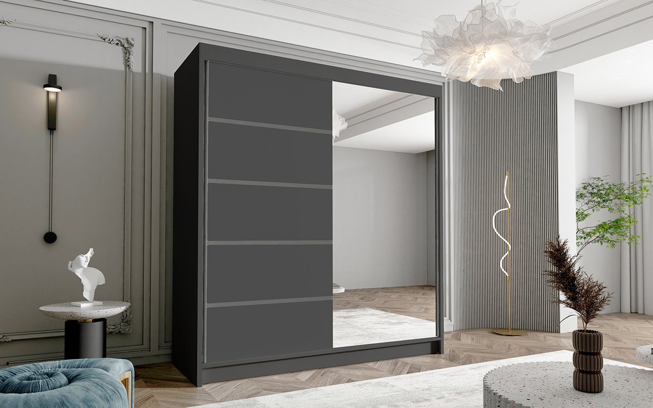 Sofnet Kleiderschrank Harry III (mit Spiegel, Schiebetüren und Kleiderstange) Schwebetürenschrank mit 2 Türen, Schiebetürenschrank - 180x215x58 cm Schwarz | Kleiderschränke