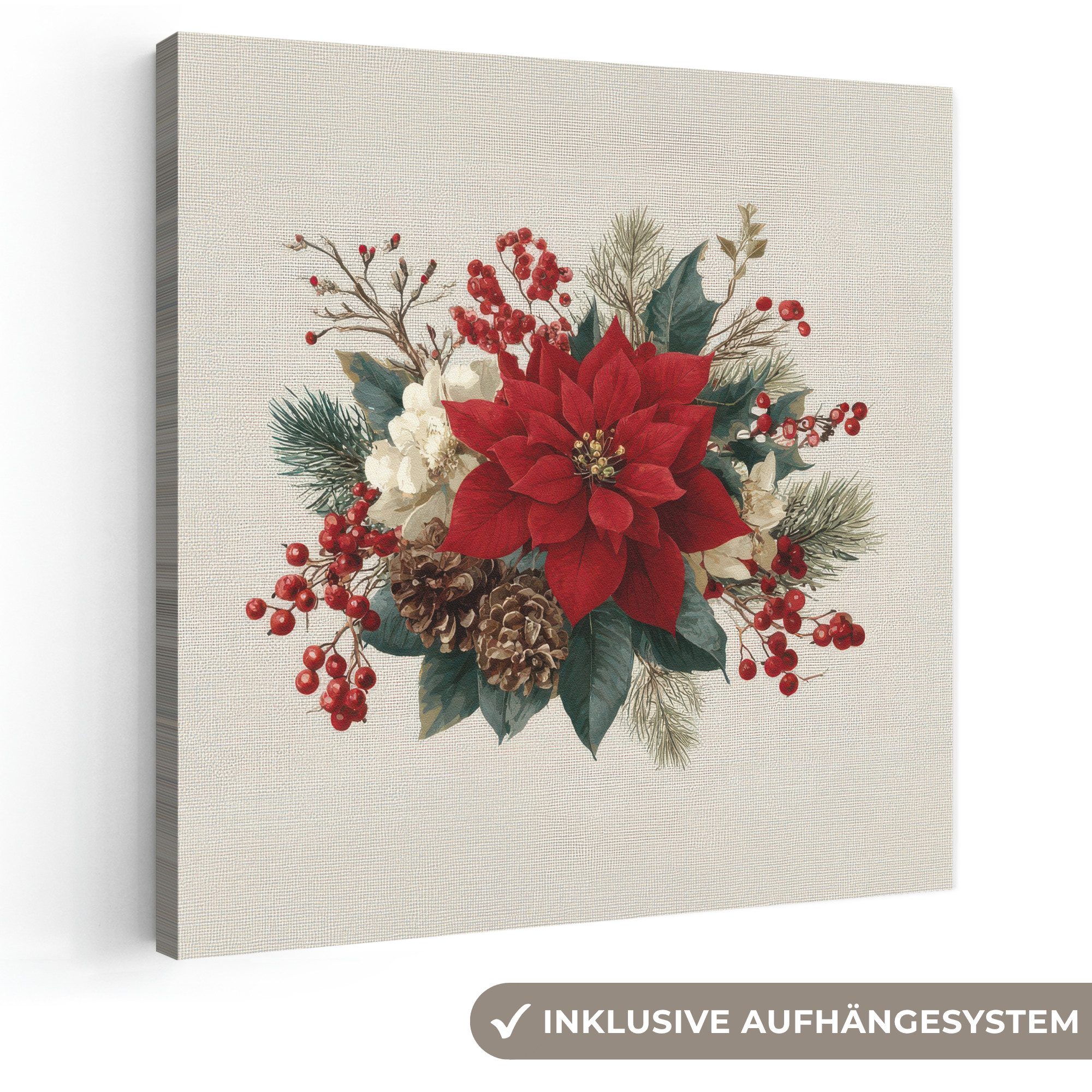 OneMillionCanvasses® Leinwandbild Weihnachtsgesteck - Weihnachtsstern - Tannenzapfen - Rot, Fotodruck (1 St), Wandbild, Deko Schlafzimmer Wohnzimmer Flur 20x20 cm