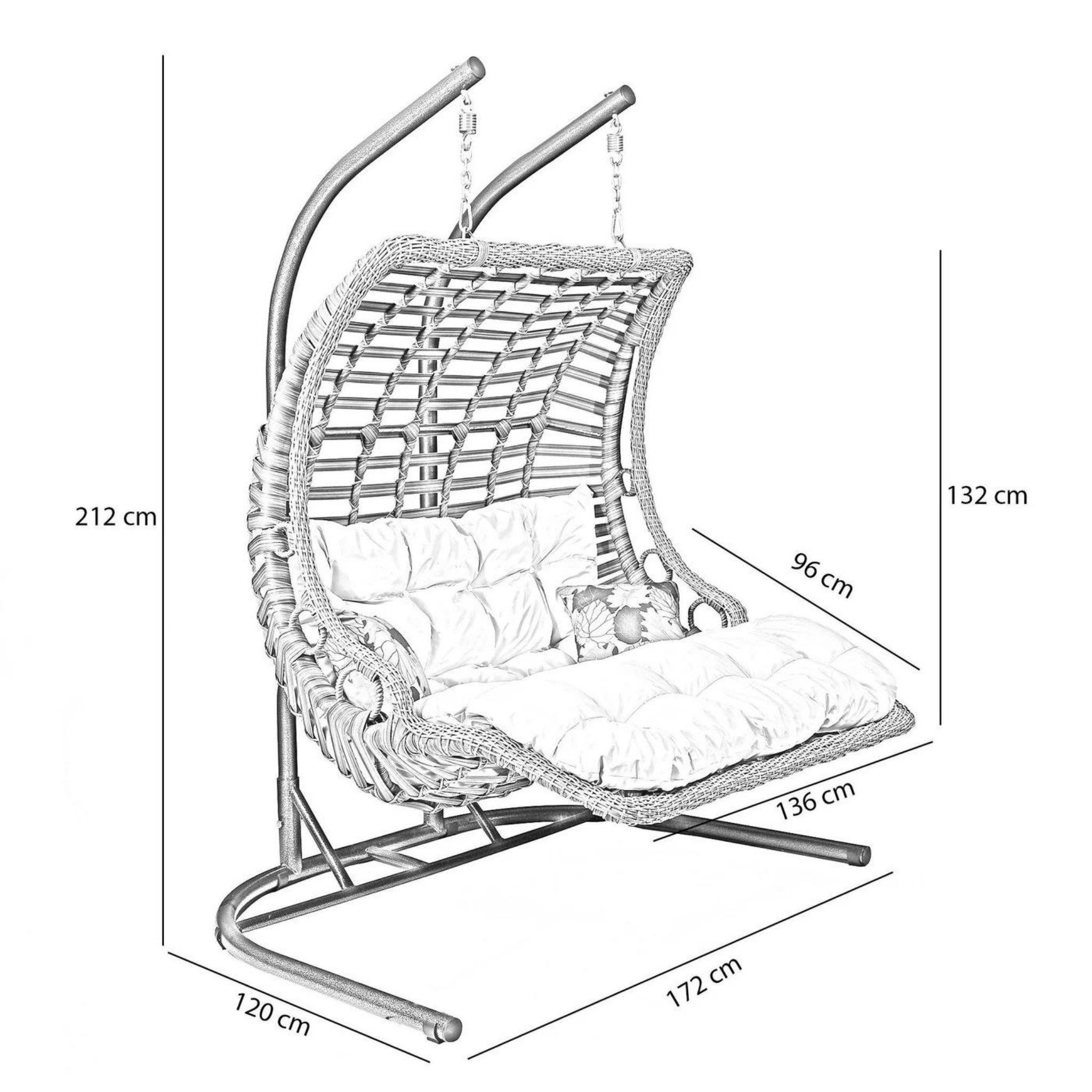 gowoll Hängesessel mit Gestell und Kissen Rattan Gartenschaukel Bodrum Double (Doppelschaukel hängesessel outdoor 2 personen, Bestehend aus Gestell, Sitz und Polster), mit Relaxfunktion