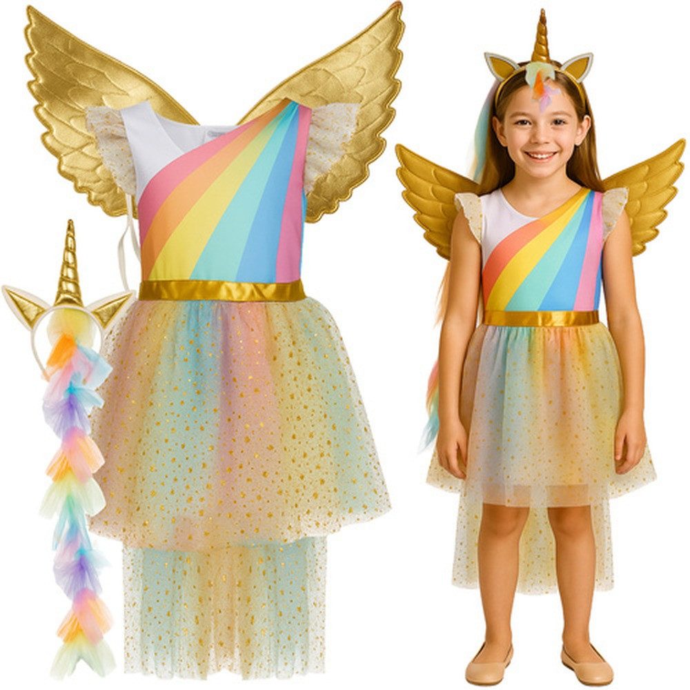 KRUZZEL Kostüm Kinderkostüm Einhornkostüm Fasching, Enthält Kleid, goldene Flügel und Stirnband mit Einhornhorn