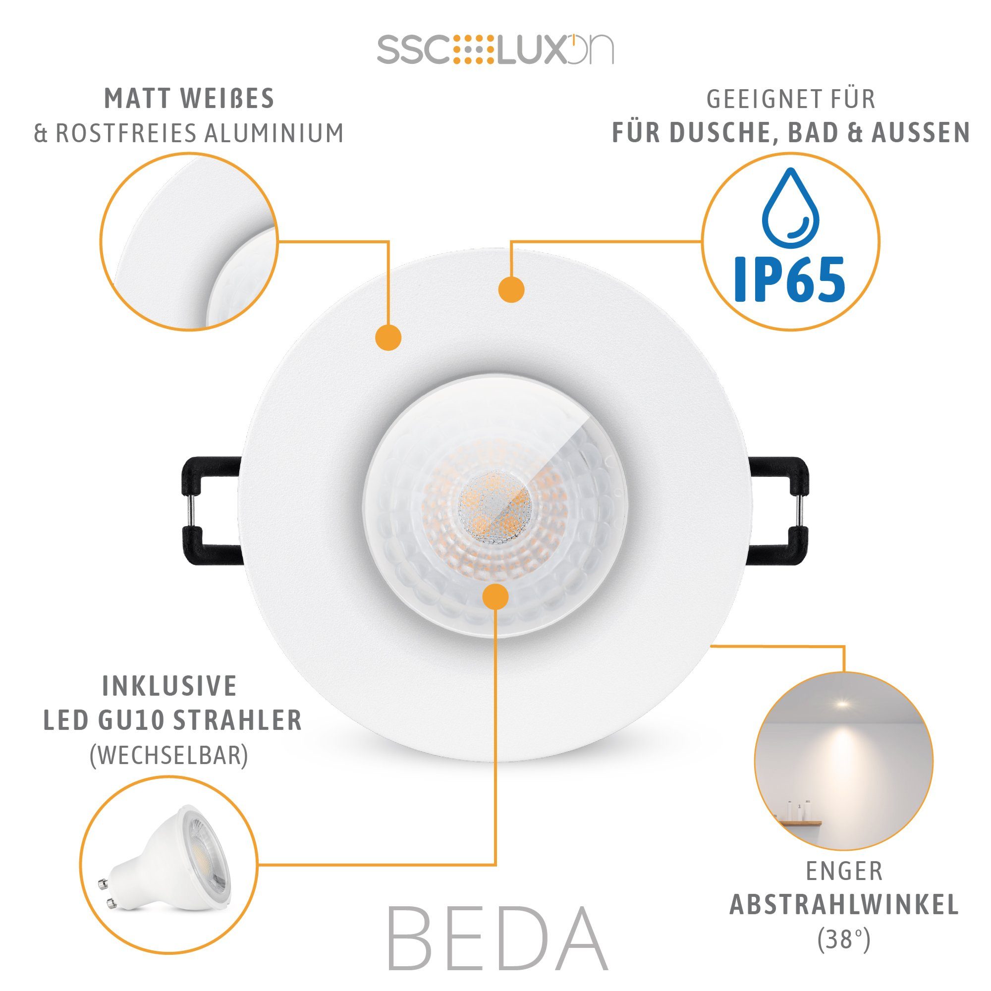 BEDA Einbau Außen-Deckenleuchte mit rund LED Lampe Warmweiß IP65 in 6W, weiss SSC-LUXon LED Strahler GU10 38°