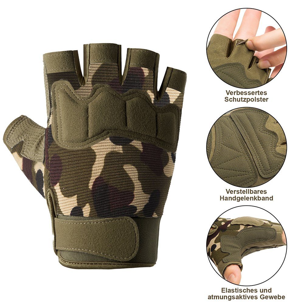 Radfahren Anti-Rutsch, Halbfinger,Camo Bewegungstraining Khaki Fahrradhandschuhe Fingerlose Handschuhe Fischen Fitnessstudio BTTO Outdoor Joggen für Men Tactical