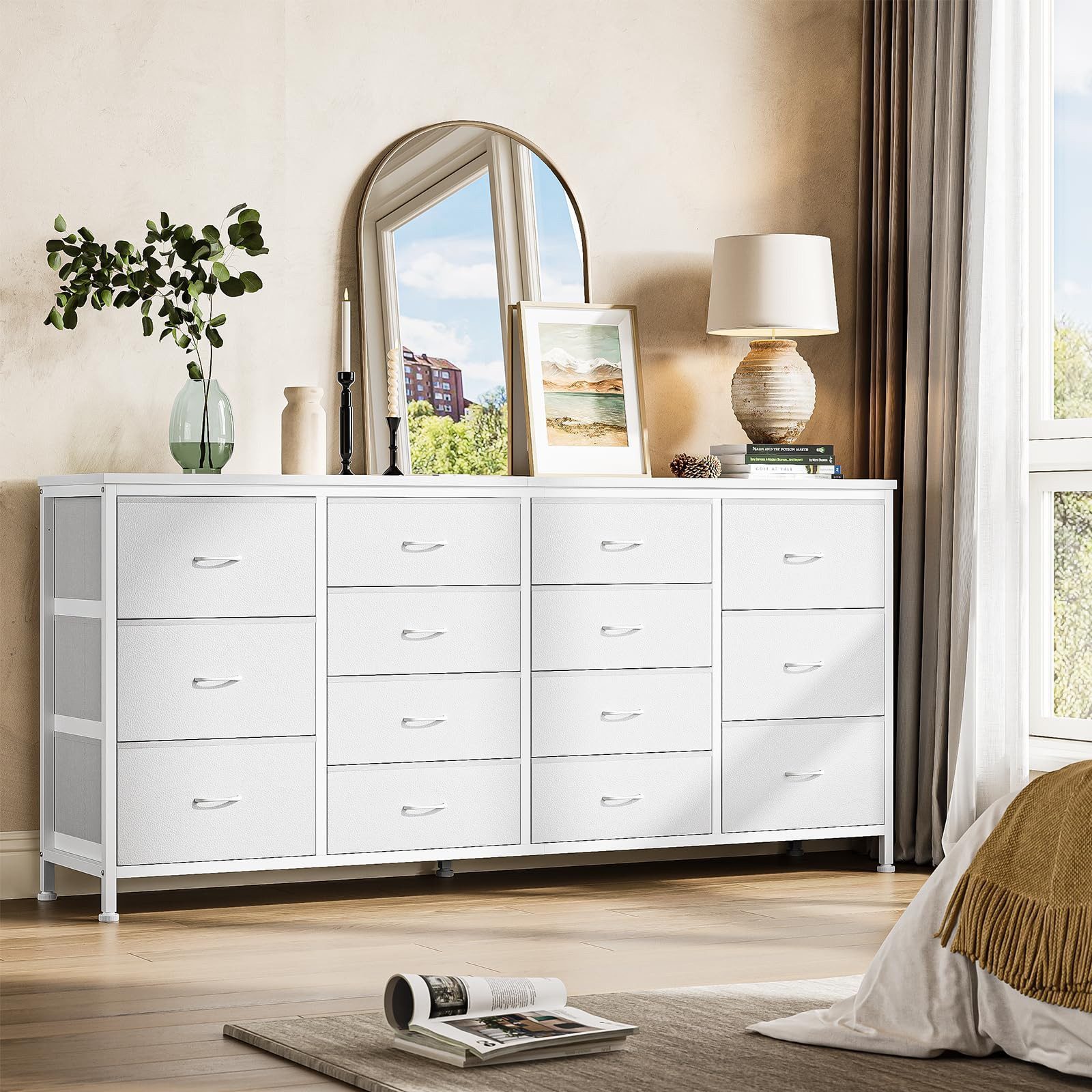 GarveeMore TV-Bank 160cm TV-Schrank mit 14 Schubladen, Steckdosen Holzmaserung
