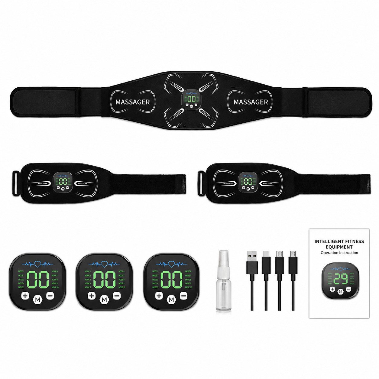 Tekoo EMS-Bauchmuskeltrainer EMS Gürtel Set Muskelstimulator Bauchmuskeltrainer für Bauch & Arme, (Komplettset, 3-teiliges Set), Keine Gel-Pads erforderlich (wasserbefeuchtet)