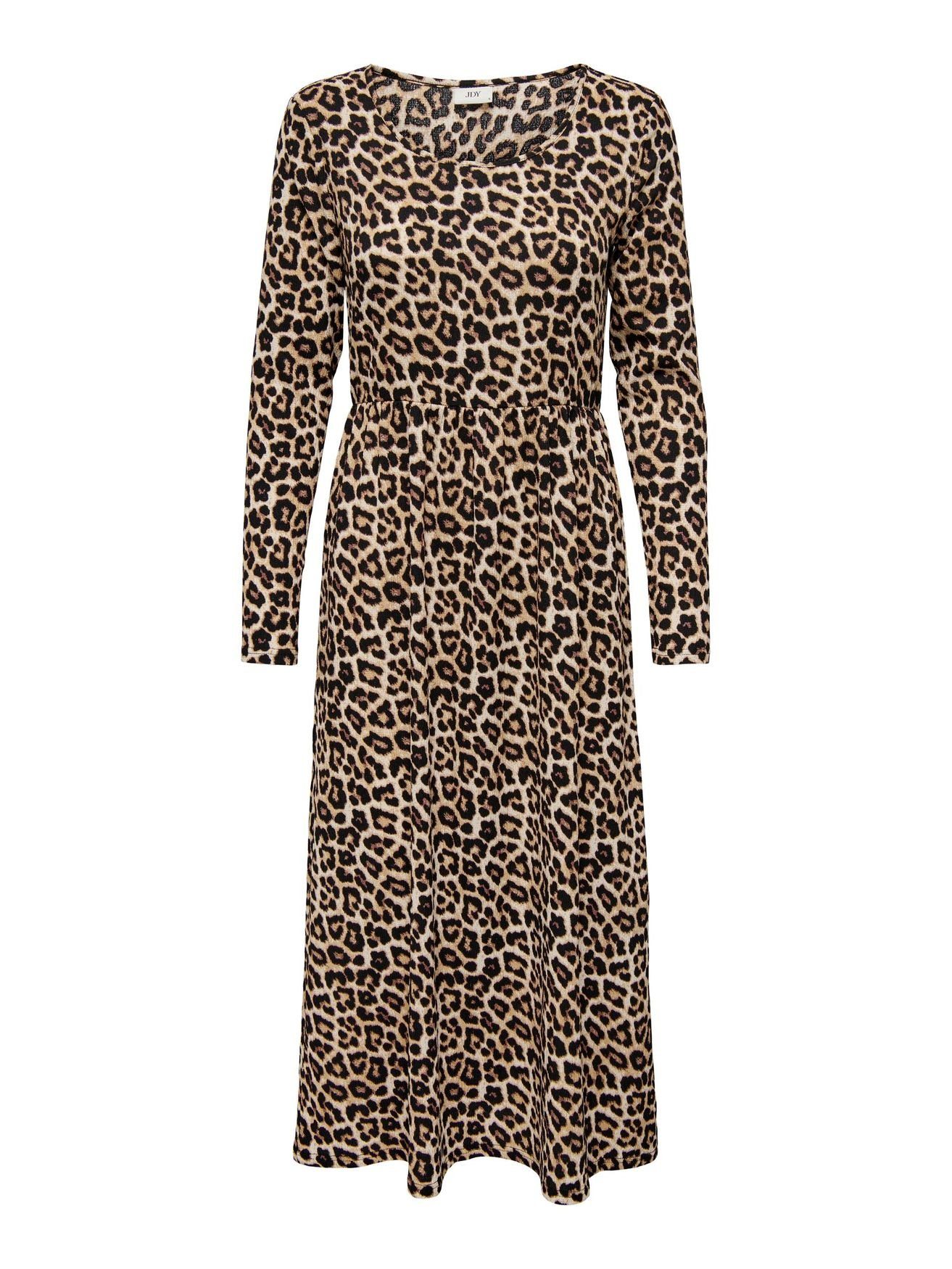 Eröffnungsverkauf JACQUELINE de YONG Shirtkleid Langes Braun Midi Animal Kleid 5412 Print Dress JDYLOTUS Langarm in (lang)
