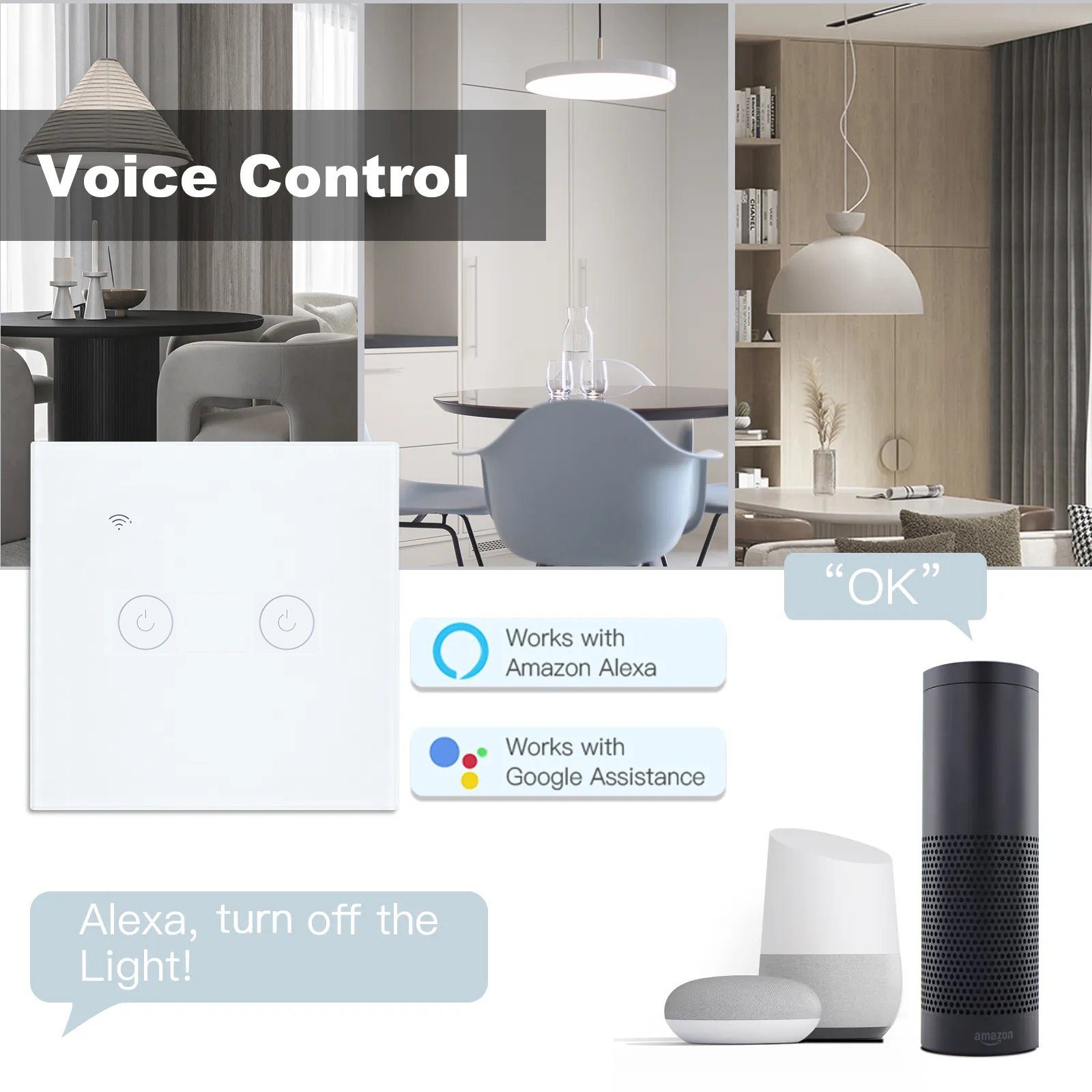 Bolwins Lichtschalter B00C WiFi Intelligent Touchschalter Home Wandschalter Lichtschalter (Packung, 1-St., 2 Gang), App-Fernbedienung, Sprachsteuerung, Touch-Panel, Timer-Funktion