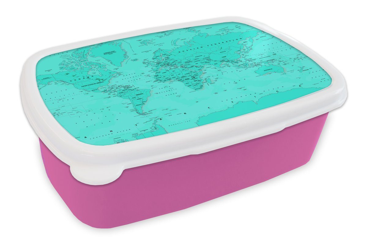 MuchoWow Lunchbox Weltkarte - Stabil - Rot, Kunststoff, (2-tlg), Brotbox für Erwachsene, Brotdose Kinder, Snackbox, Mädchen, Kunststoff rosa