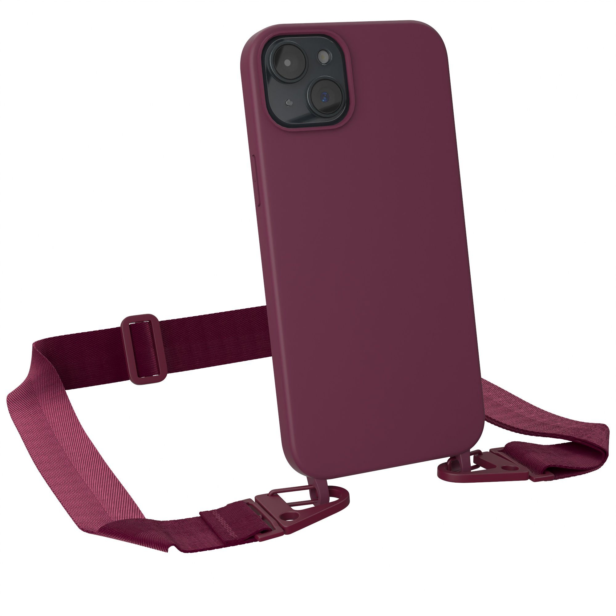 EAZY CASE Handykette Karabiner Breitband für Apple iPhone 15 Plus 6,7 Zoll, Smartphonekette Cover Silikonhülle Umhängetasche in Burgundy Rot Beere