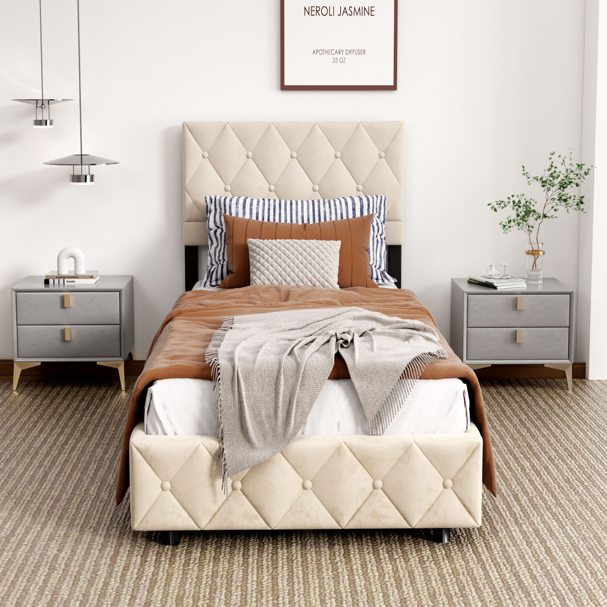 MODFU Polsterbett Schlichtes Design, Komfortbett mit Stauraum (90x200 cm Ausgezeichnete Atmungsaktivität, 90x200 cm, Beige, ohne Matratze), inkl. Lattenrost, praktischer Bettkasten