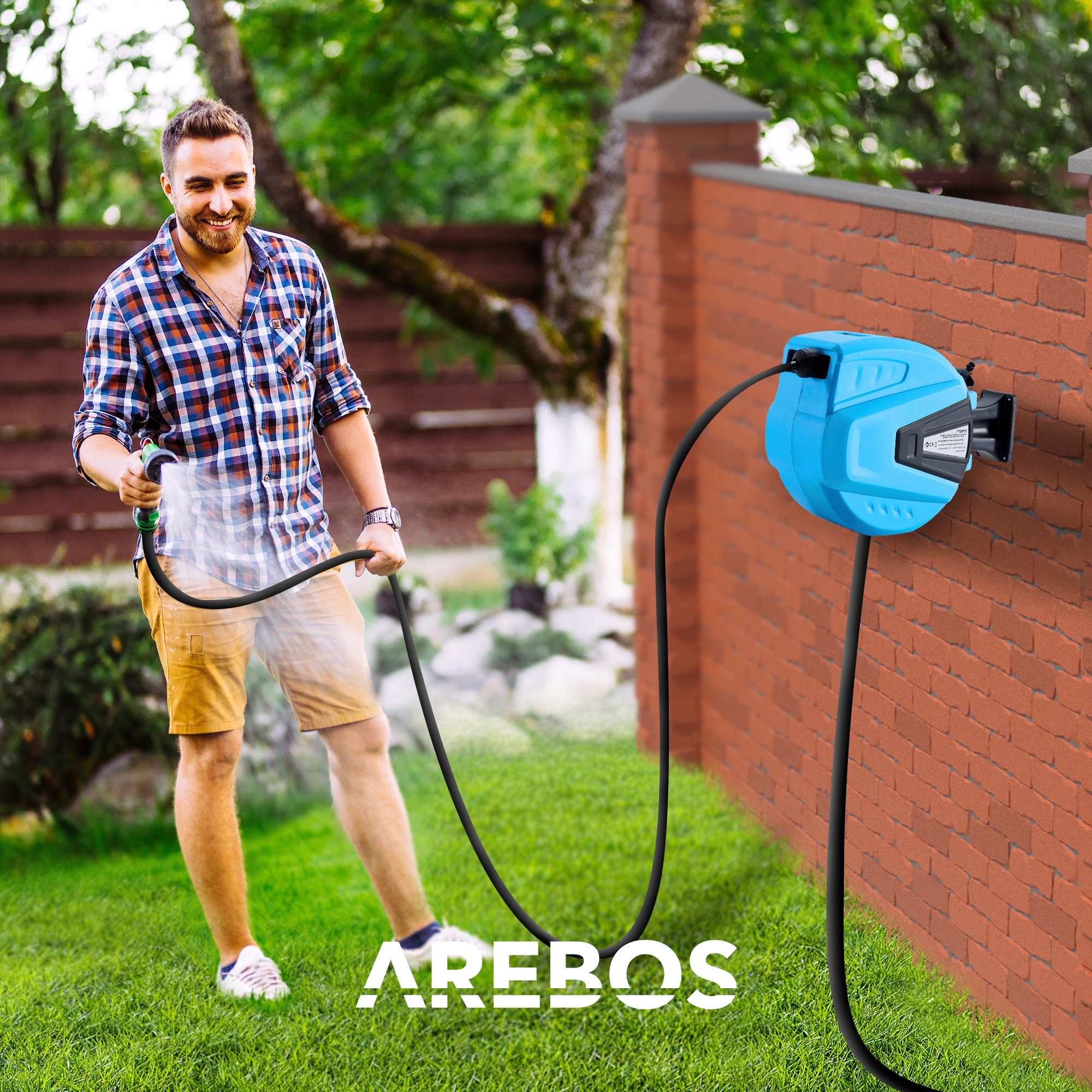 Arebos Schlauchaufroller 30 m, schwenkbare, Wand-Schlauchbox mit Arretierstop, (Stück, 30 m), UV-beständig Dank PVC & Polypropylen Gehäuse