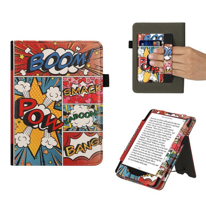 kwmobile E-Reader-Hülle Flip Schutzhülle für Amazon Kindle Paperwhite 11. Generation 2022 Handschlaufe - Cover Comic Symbole Design