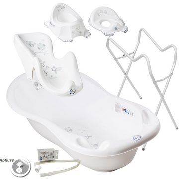 Tega-Baby Babybadewanne 5 Teile SET AB -EULE + Ständer Weiß - Abflussset Baby Wanne, (Premium.set Made in Europe), Wanne+ Badesitz+ Töpfchen+ WC Aufsatz+ Ablauf Set+ Ständer