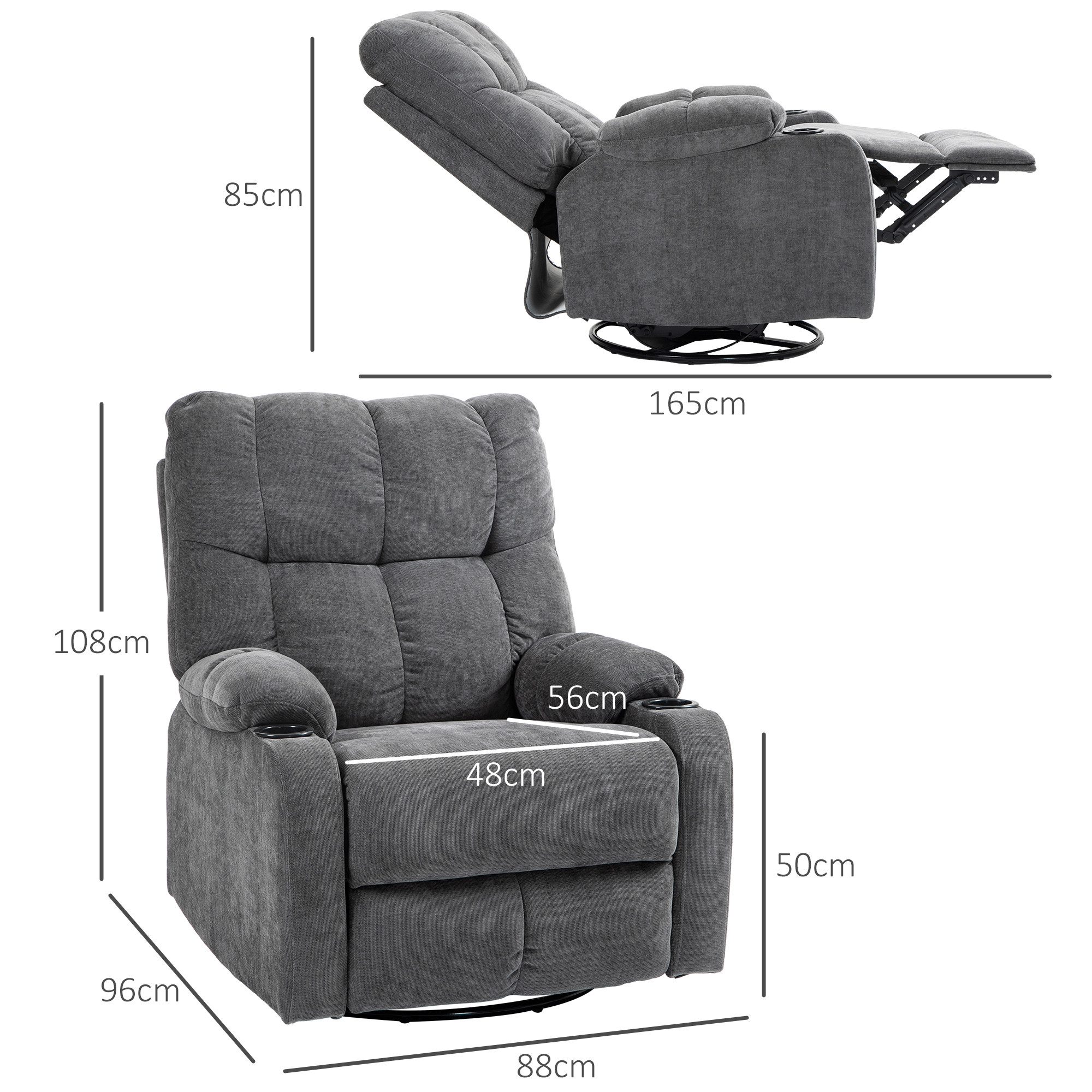 HOMCOM Relaxsessel Fernsehsessel mit Liegefunktion, Schaukelfunktion und Becherhalter (TV-Sessel, 1-St., Ruhesessel), für Wohnzimmer, Dunkelgrau – Bild 3 von 5