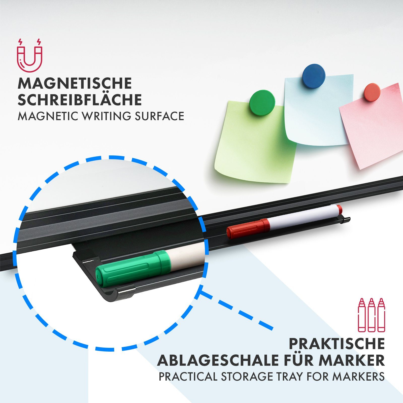 Karat Magnettafel magnetisch Onyx – schwarzer Aluminium-Rahmen, kratzfeste Magnettafel, 110x80 cm, beschreibbar & abwischbar, inkl. Zubehör, in 2 Größen – Bild 4 von 5