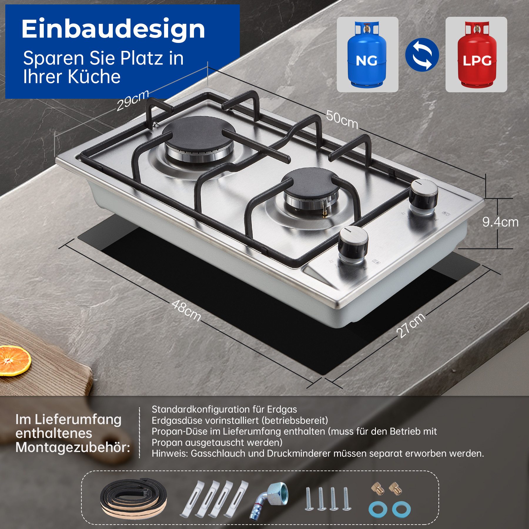 SNDOAS Gas-Kochfeld, Automatischer Flammenschutz, geeignet für Erdgas & Propangas