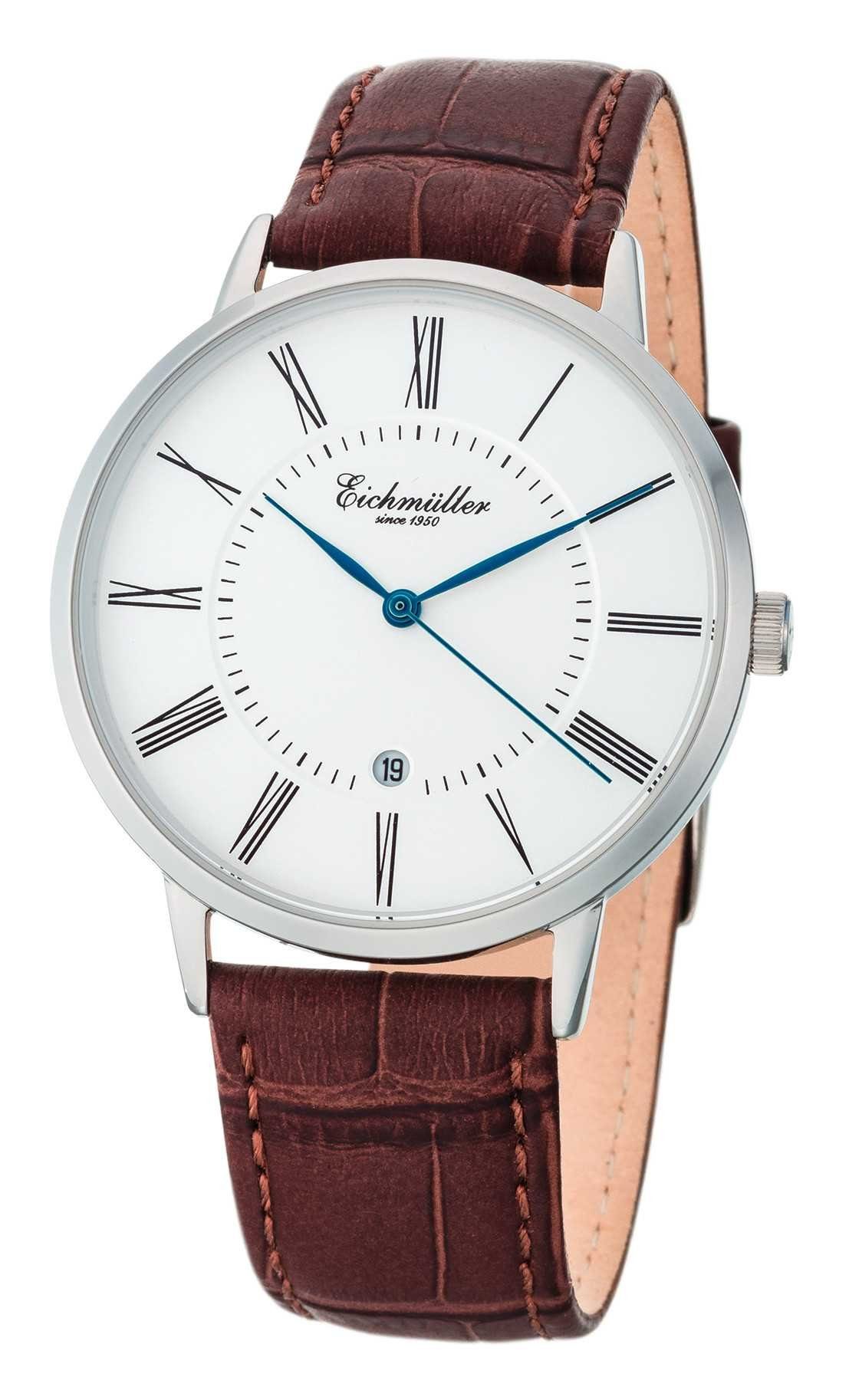 Eichmüller Quarzuhr Slim Herrenuhr Weiß Lederband Braun 41 mm 3032-02, – elegante Armbanduhr für Herren