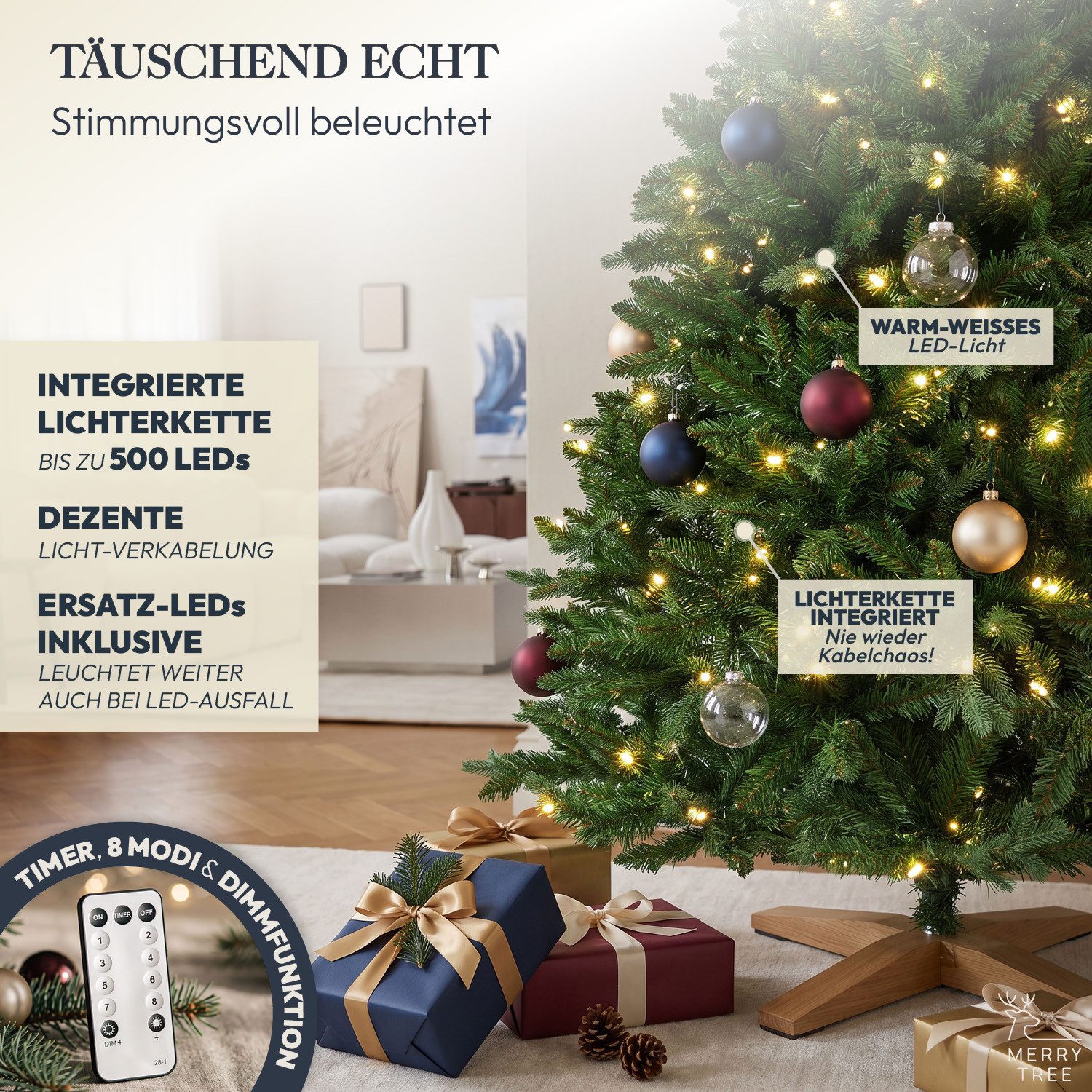 MERRY TREE Künstlicher Weihnachtsbaum Premium künstlicher Weihnachtsbaum aus naturgetreuem PVC + PE, Nordmanntanne, Spritzguss Mix mit massivem Holzfuß, mit und – Bild 2 von 5