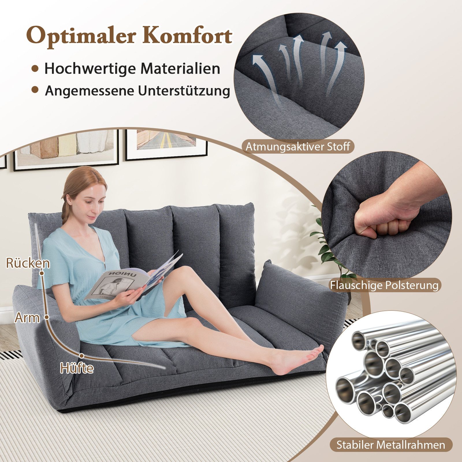COSTWAY Schlafsofa, Bodensofa mit verstellbarer Rückenlehne & Armlehnen, klappbar