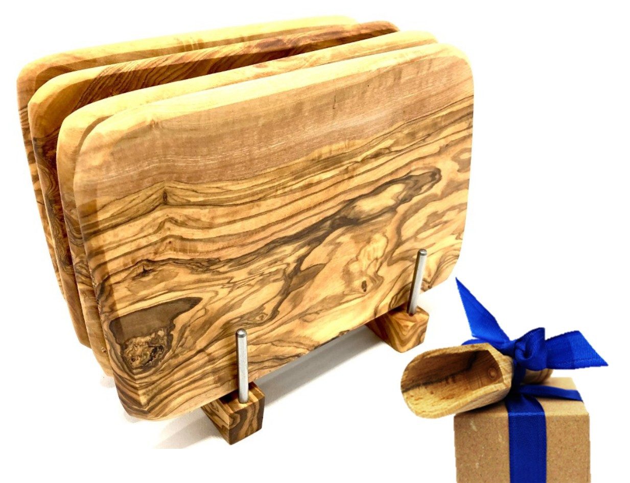 Olivenholz-erleben Frühstücksbrett Bretterständer inkl. 4 Frühstücksbretter Olivenholz 22 x 14 cm, Massivholz, (Set, 5-St., 1x Bretterhalter, 4 Frühstücksbretter, plus Überraschung), platzsparende Aufbewahrung für bis zu 4 Brettchen an einem Ort