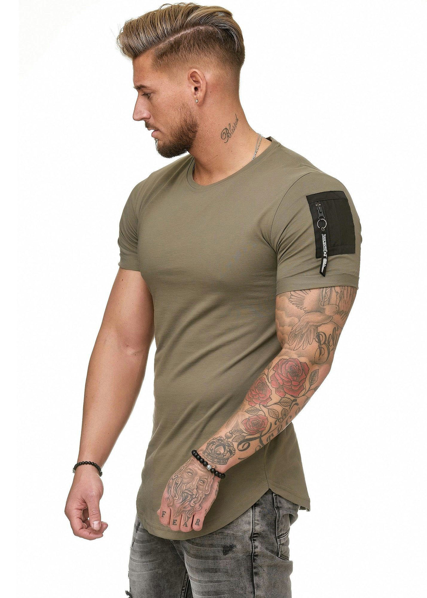 Code47 T-Shirt Oversize Shirt Khaki Fit Zipper- (1-tlg) Slim